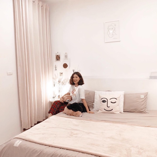 Set chăn ga gối Cotton đũi: màu beige