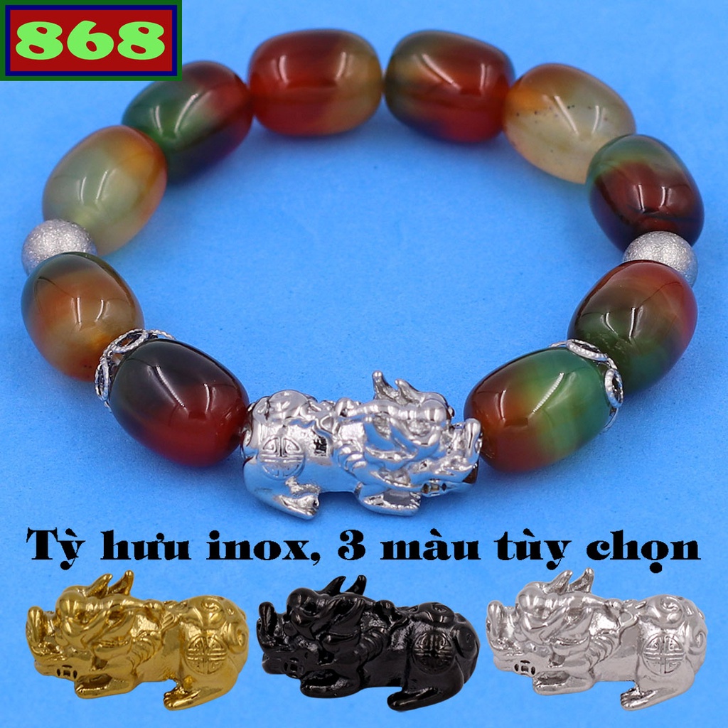 Vòng chuỗi đeo tay đá tứ quí bầu charm tỳ hưu inox, bi inox, khía bông inox