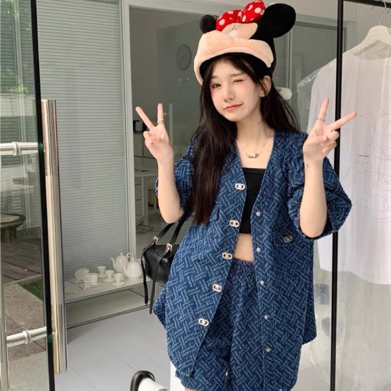 Set áo quần lửng jean xanh set áo khoác jean phong cách retro