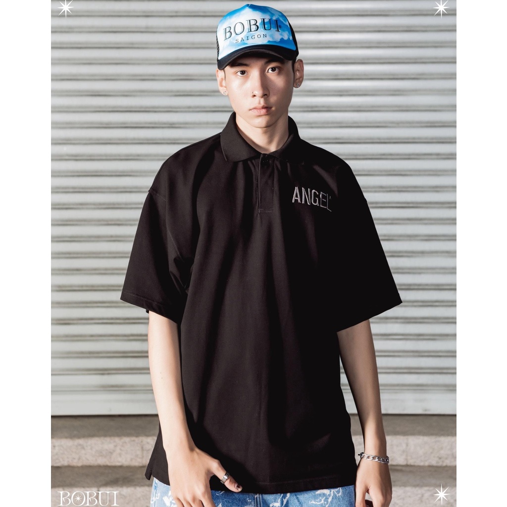 Áo Polo BoBui thêu ANGEL màu đen, đỏ chuẩn REAL full tag túi