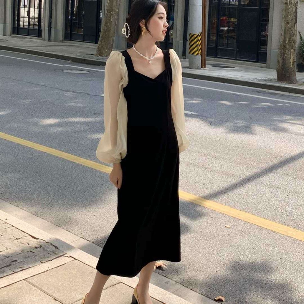 Đầm Nhung Đen Phong Cách Retro Pháp