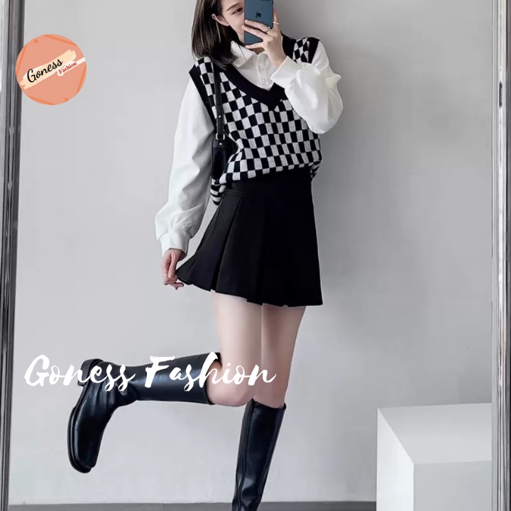 Chân váy xếp ly Goness cạp cao dáng chữ a phong cách tennis xòe kiểu li ngắn bản to thời trang Hàn Quốc | BigBuy360 - bigbuy360.vn