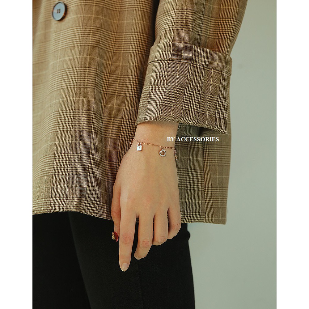 Lắc tay titan chìa khóa ổ khóa trái tim đính đá không gỉ