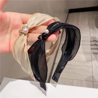 BỜM LỤA ĐÍNH ĐÁ HÀN QUỐC cao cấp. Chất lụa mềm. Màu Đen Kem - kẹp tóc nơ, phụ kiện tóc, bờm