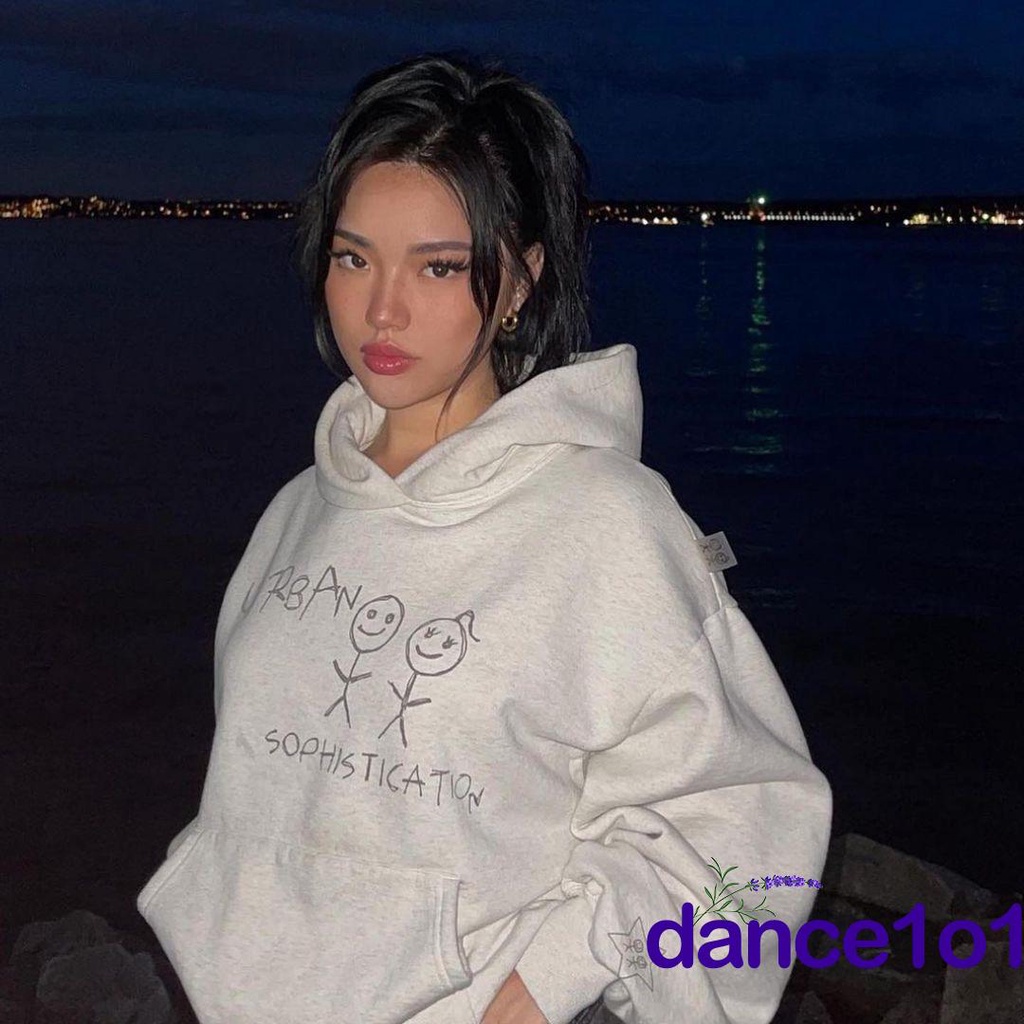 Sy Áo Hoodie Tay Dài Cổ Chữ V Dáng Rộng In Chữ Thời Trang Cho Nữ