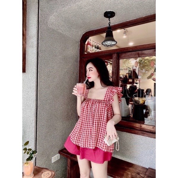 [SET ĐỒ BỘ] Set Trang Phục Nữ Áo 2 Dây Cánh Tiên Kẻ Phối Quần Màu Siêu Thoải Mái | BigBuy360 - bigbuy360.vn