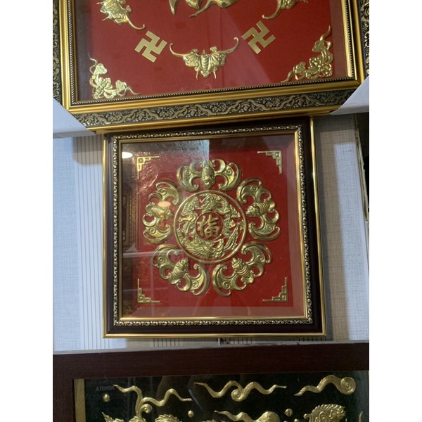 Tranh ngũ phúc 5 con dơi bằng đồng phủ bì 36x36cm