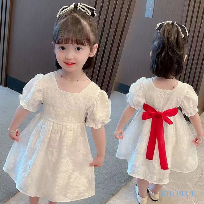 Đầm Trắng Tay Phồng Thắt Nơ Eo Thêu Hoa Phong Cách Phương Tây Cho Bé Gái