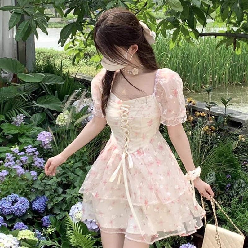 🌷 Váy Hoa Nhí Hồng Dáng Xoè Tầng Tay Phồng Thắt Dây Tiểu Thư Xinh Xắn