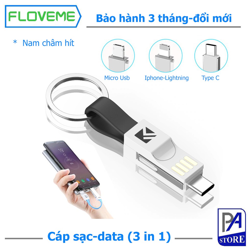 Cáp Sạc Data ngắn 3 in 1 Floveme – Kiểu Móc Khóa Nam Châm Thời Trang