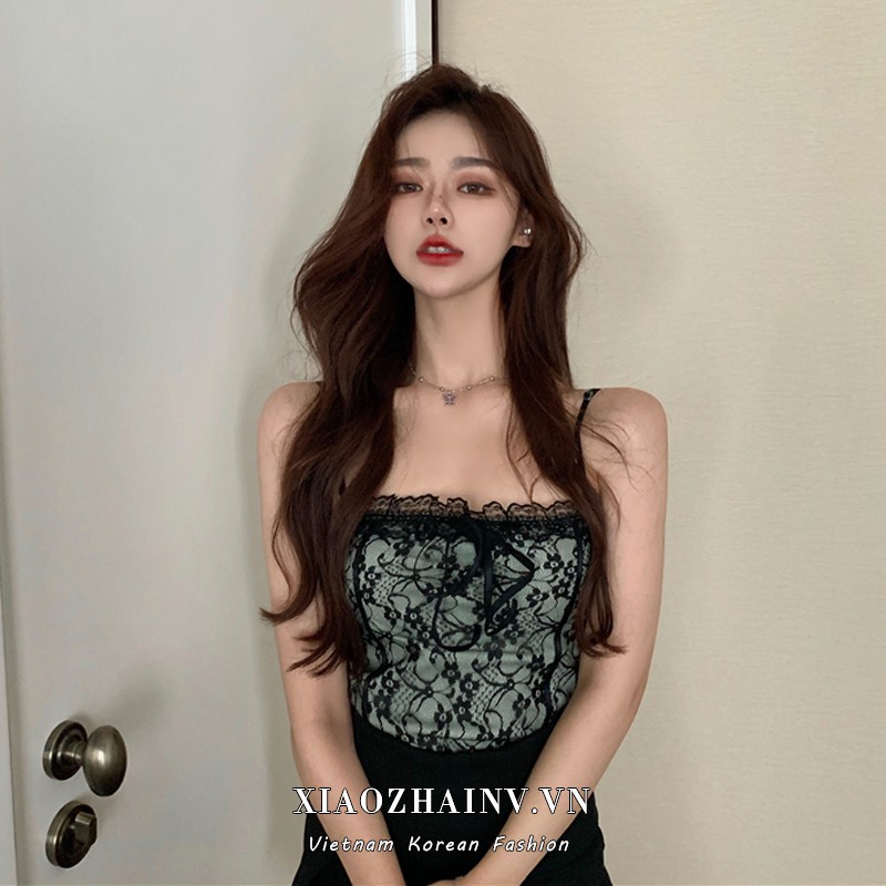 Áo croptop XIAOZHAINV phối ren hoa thiết kế cá tính quyến rũ thời trang cho nữ