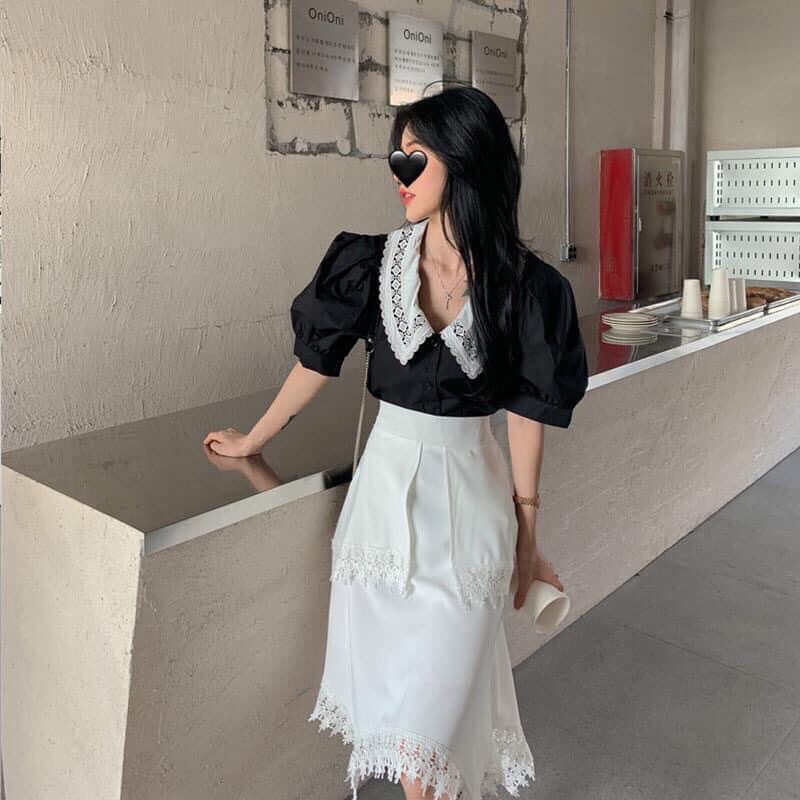 Sét áo sơ mi+ chân váy trắng tay bồng hàn quốc mầu trắng đen đối lập thanh lịch