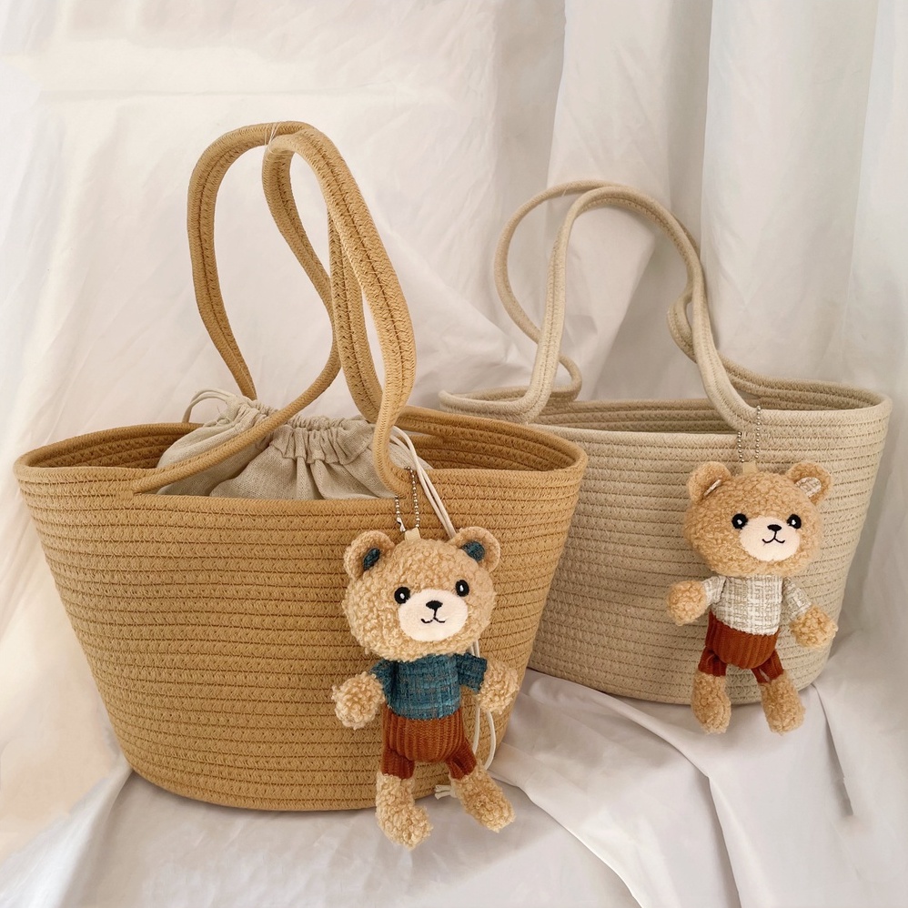 [Giảm giá nóng] Túi đeo vai cotton giản dị dễ thương mới với túi xách búp bê gấu đi nghỉ bên bờ biển
