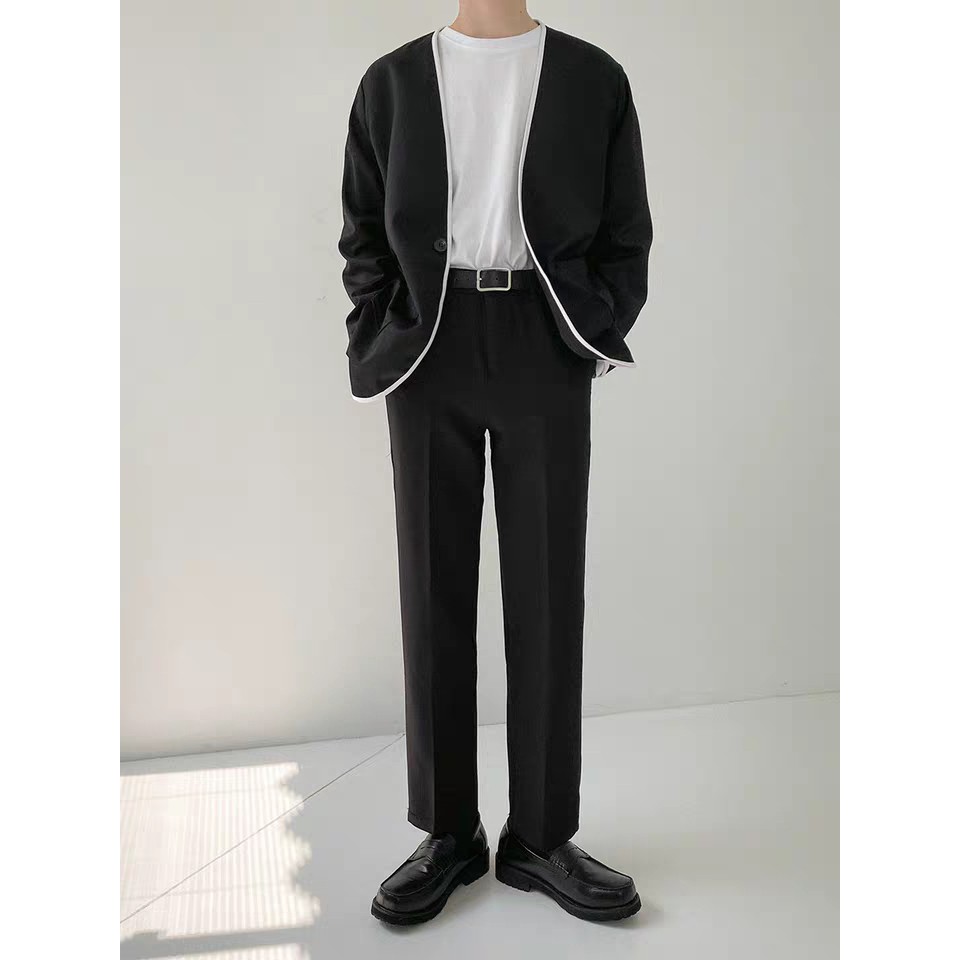 [NHẬP AOTHBLZER GIẢM 50K] Áo blazer nam phối viền trắng phong cách Hàn Quốc thanh lịch, không cổ, hai lớp | BigBuy360 - bigbuy360.vn