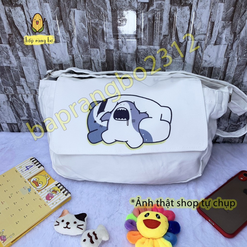 TÚI VẢI ĐEO CHÉO CÁ MẬP MŨM MĨM CÓ TÚI CON ĐỂ SÁCH A4 TOTE CANVAS ĐI HỌC ĐI CHƠI