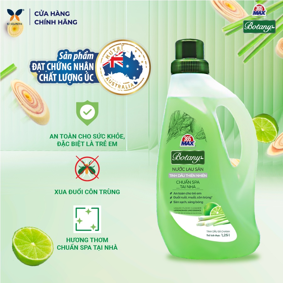 Nước Lau Sàn 365 MAX BOTANY Tinh Dầu Thiên Nhiên 1.25L - Sàn nhà sạch bóng và an toàn, chống côn trùng