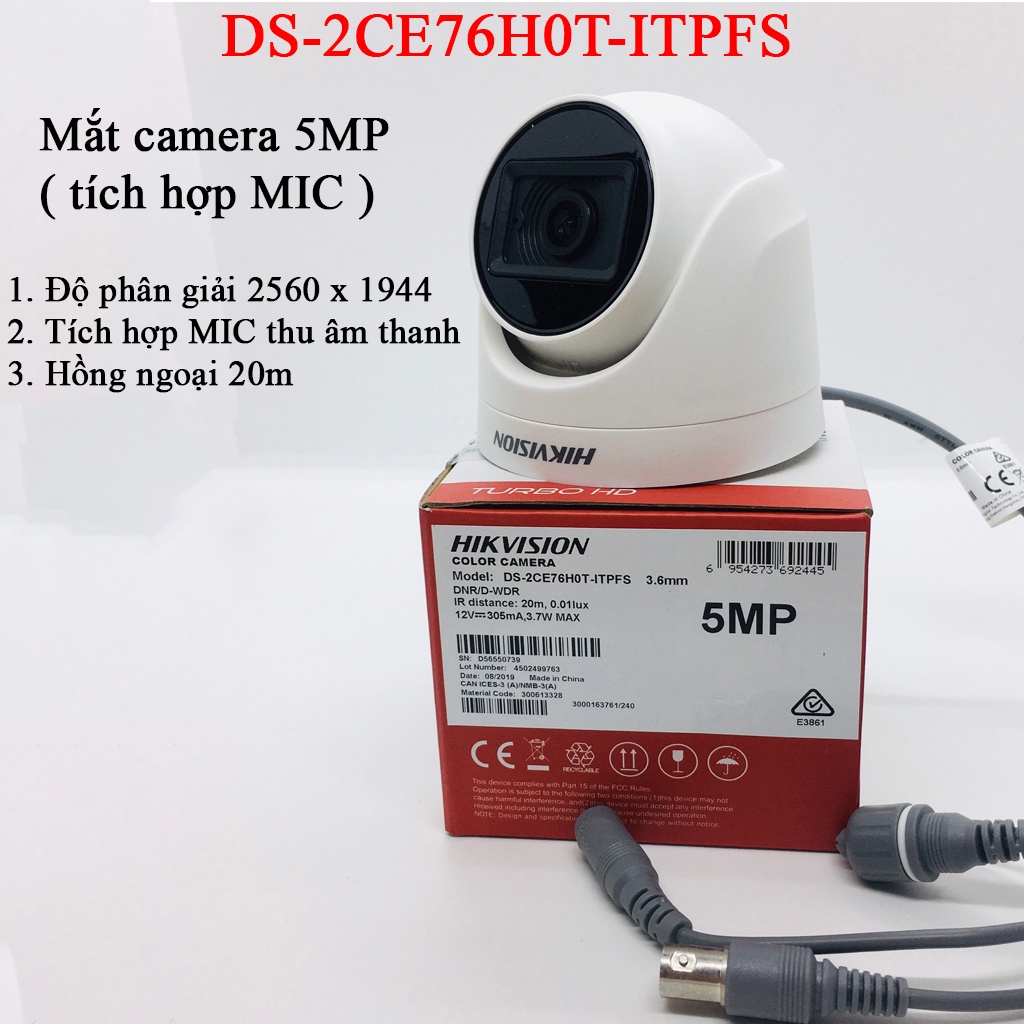 Trọn bộ Camera HIKVISION 5Mp 4 mắt [ Tíc Hợp Mic ] -  Chính hãng, đầy đủ phụ kiện, bảo hành 24 tháng