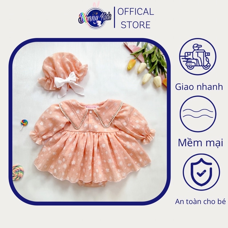 ☋Bodysuit Váy Cam Hoa Nhí Cho Bé Gái 0-12 Tháng Kèm Mũ, Đầy Sơ Sinh, Đầm Thôi Nôi