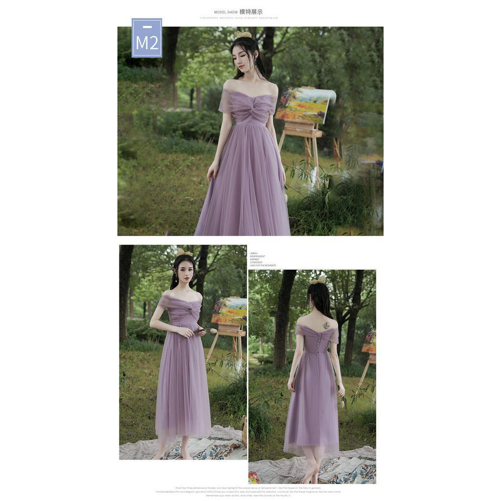 Đầm phù dâu trễ vai màu tím thời trang