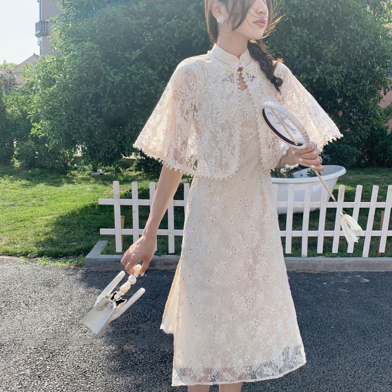 Seto with the same style online celebrity pearl cheongsam shawl summer high-end women wear a foreign style with a skirt