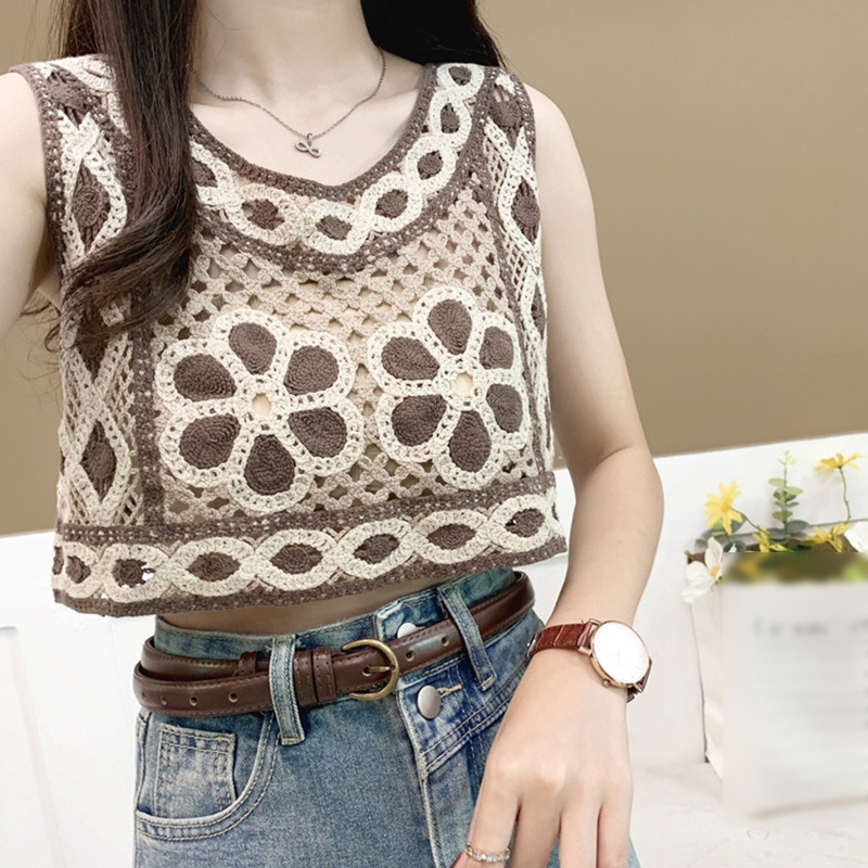 Áo Croptop Dệt Kim Dáng Rộng Họa Tiết Hình Học Phong Cách Vintage Cho Nữ