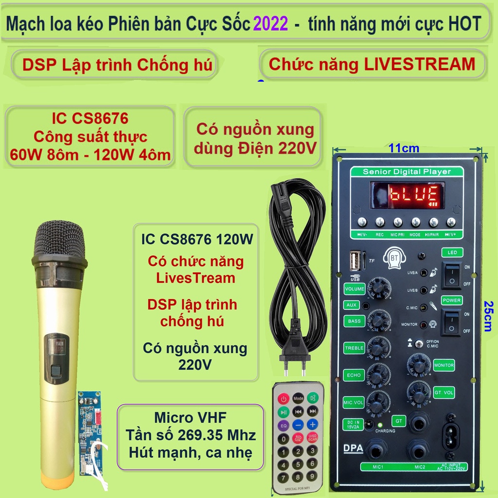 Mạch loa kéo 3 tấc đơn 3 đường tiếng LIVESTREAM DSP chống hú IC CS8676 120W nguồn xung 220V  và micro đơn