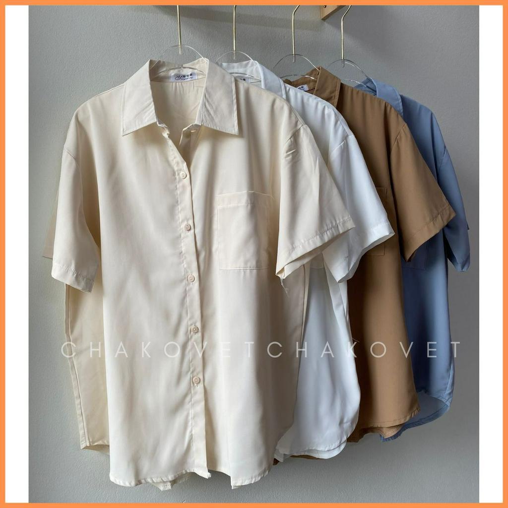 Áo sơ mi nữ cộc tay một túi ngực form rộng ullzang phong cách Hàn Quốc basic đi học đi làm A8623 - CHAKOVET
