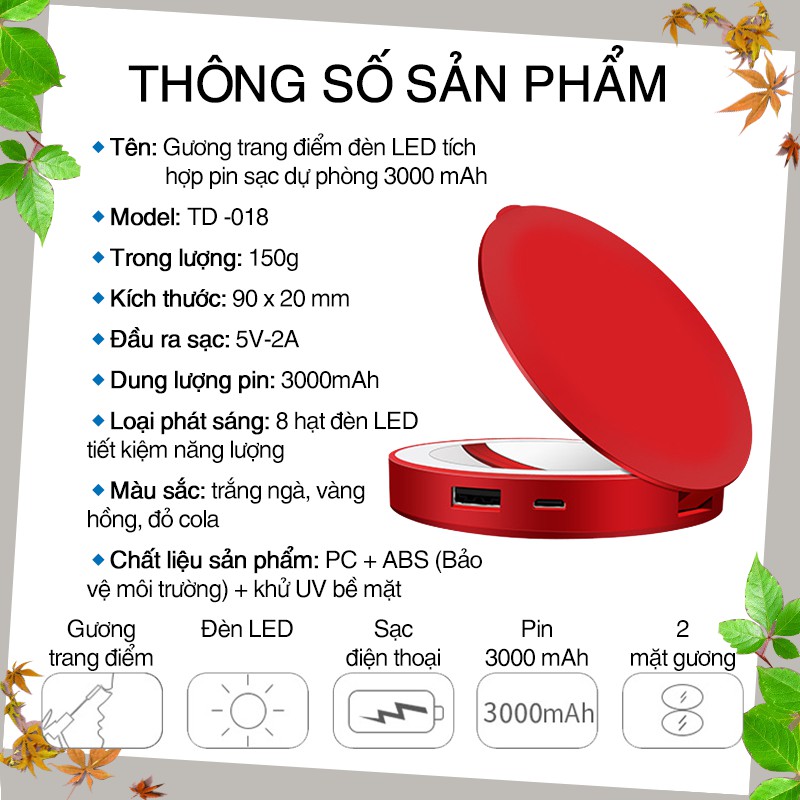 Gương Đèn Led HOTKết Hợp Pin Sạc Dự Phòng 3000mAh Gương Trang Điểm Độ Nét Cao, Zoom 3X,Siêu Tiện Lợi BH [6 Tháng]