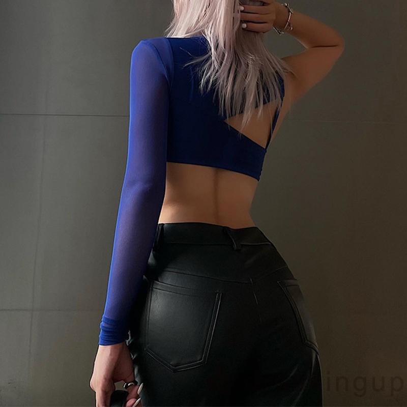 DRE-Women´s One Shoulder Short Tops, Long Sleeve Solid Color Hollow-Out Crop Tops