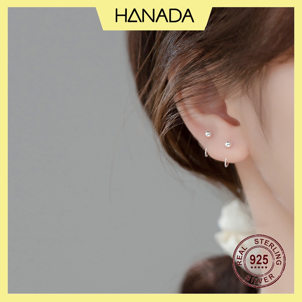 Khuyên Tai Tròn Nữ Bạc 925 Khoen Trơn Hở Bông Tai Đầu Bi Đeo Nhiều Lỗ Hanada 0970