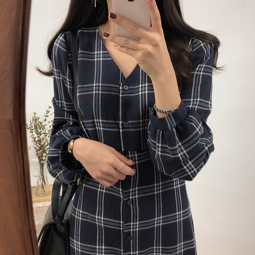 Đầm caro tay dài phong cách thanh lịch cho nữ