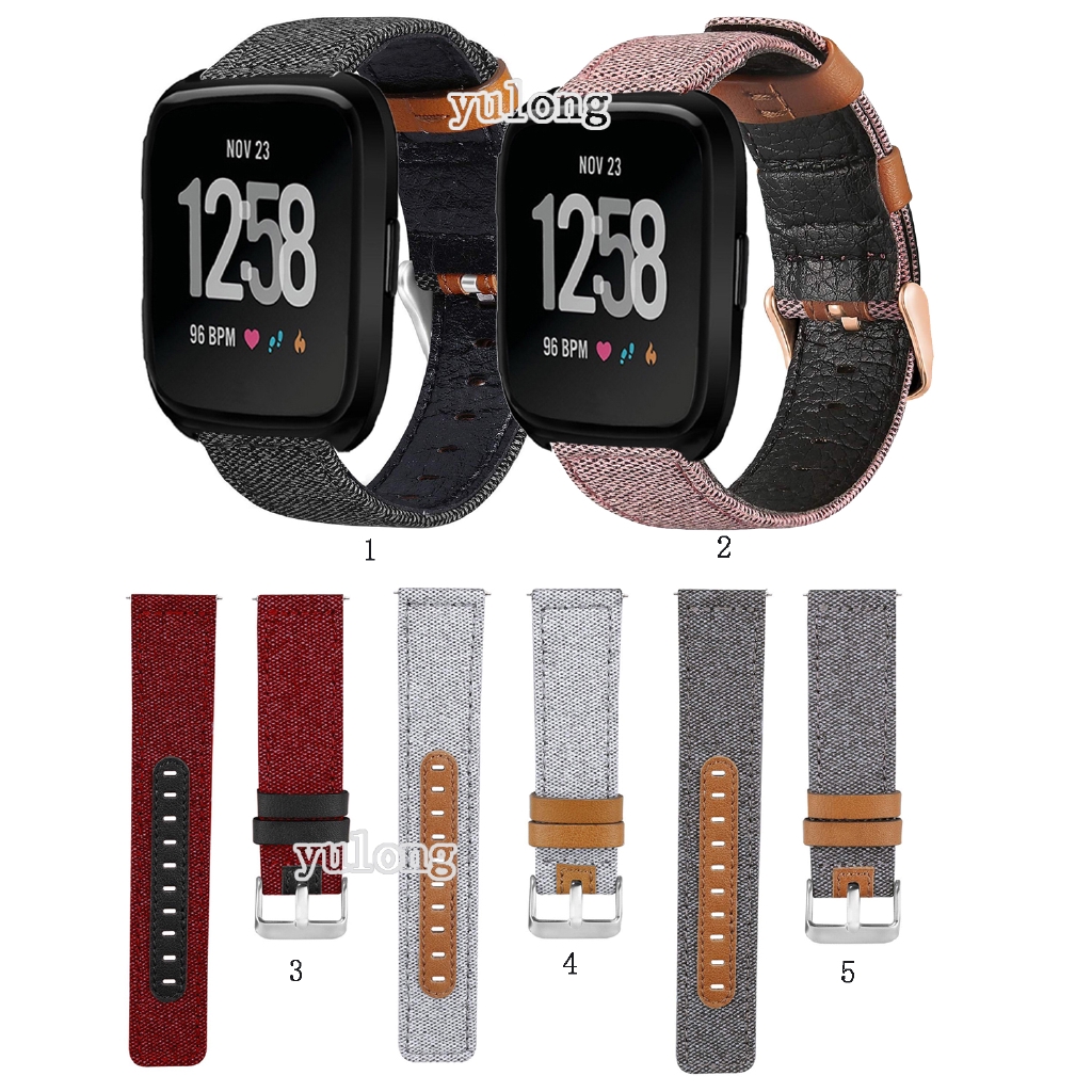 Canvas Nylon Band Strap Genuine Leather for Fitbit Versa Lite