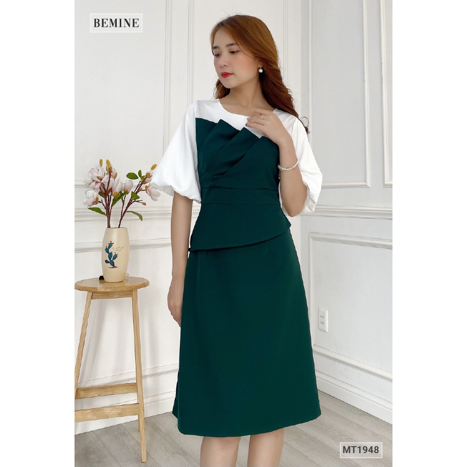 Đầm công sở xếp tầng phối trắng BEMINE MT1948XANH | BigBuy360 - bigbuy360.vn