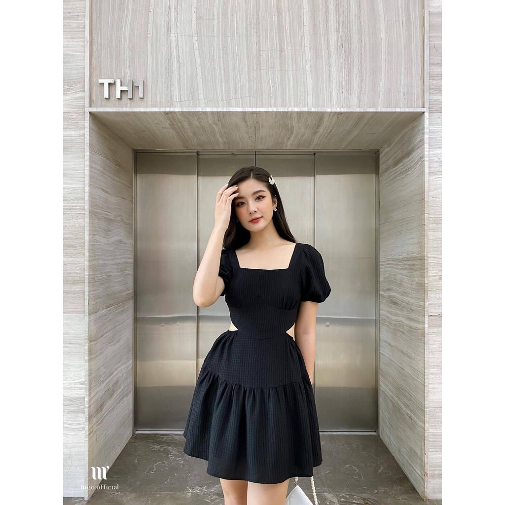 Váy liền nữ Méo shop tay bồng hở eo dáng xoè phong cách Hàn Quốc Teppmy