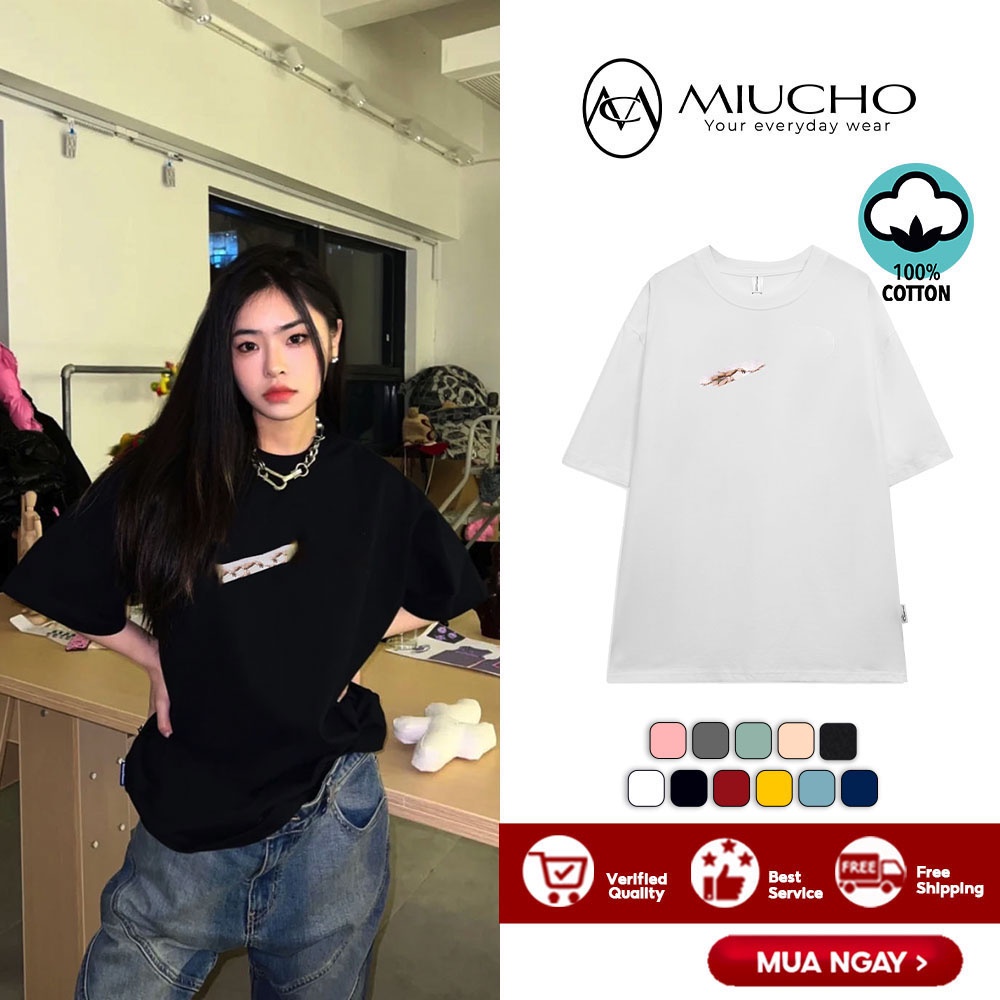 Áo phông nữ form rộng tay lỡ unisex đẹp, áo thun nữ form rộng tay lỡ unisex cotton hàn quốc AT113 Miucho in hình