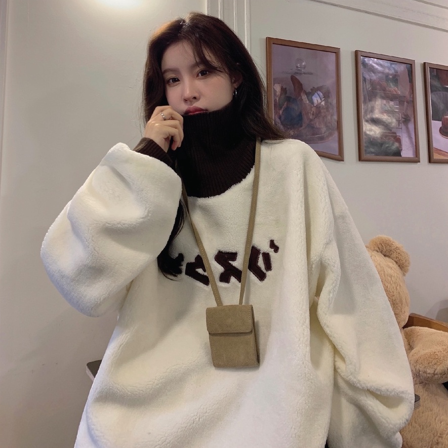Áo len nhung nữ form rộng cổ len cao dài tay ulzzang chất dày dặn phong cách Hàn Quốc