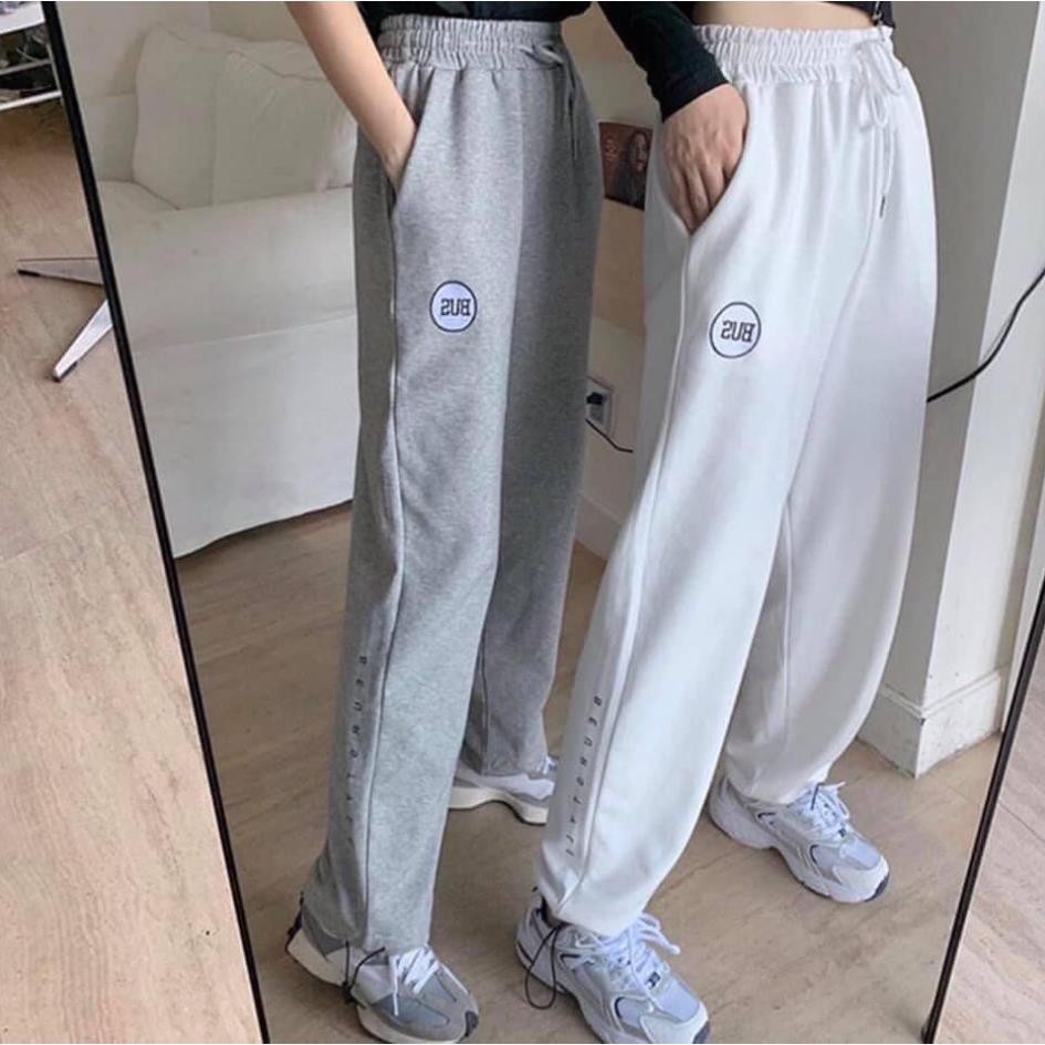 Quần Nỉ Da Cá BUS Unisex [FREESHIP] 🌸 Jogger suông ống rộng rút dây thêu chữ màu ĐEN | TRẮNG | XÁM Ulzzang HOT 🌸