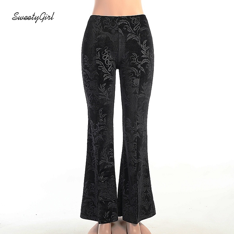 Quần dài ống loe lưng cao in nổi họa tiết hoa thời trang cho nữ