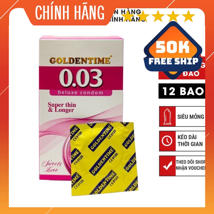 Bao cao su Goldentime 0.03 siêu mỏng chống tuột kéo dài thời gian hộp 12 bao GEMHOME