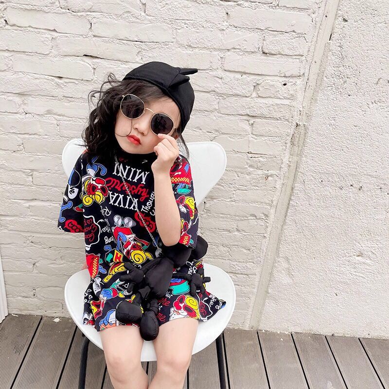 Đầm Thun Tay Ngắn Dáng Rộng In Họa Tiết Hoạt Hình Thời Trang Mùa Hè Cho Bé Gái