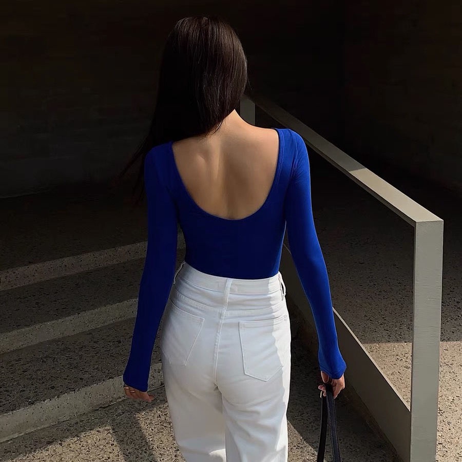 Áo Thun Tay Dài Hở Lưng Ôm Dáng Màu Trơn Dành Cho Nữ