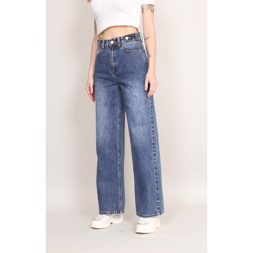 Quần Jeans Nữ Ống Rộng Lưng Cao Trơn Dáng Dài Co Giãn CT JEANS