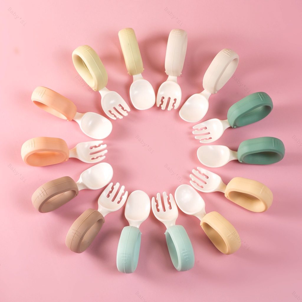 Bộ Thìa Nĩa Cán Tròn Silicone Tập Xúc, Tập Ăn Cao Cấp Thương Hiệu Baby'si Cho Bé Ăn Dặm
