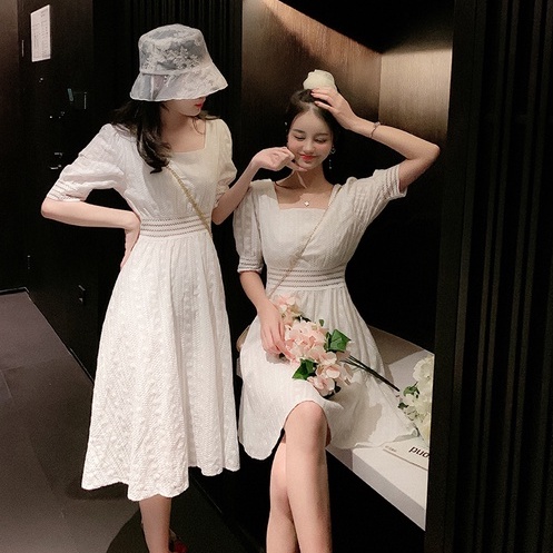 Váy Trắng Tiểu Thư Dự Tiệc Viền Ren, Đồ Đôi Bạn Thân, Cổ Vuông, Bo Eo, Dáng Xòe Nhẹ