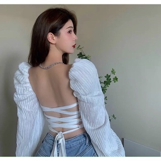 Áo Croptop đan lưng tay bồng