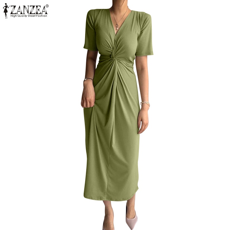 Đầm dài Zanzea ngắn tay cổ chữ V phong cách Hàn Quốc thời trang cho nữ
