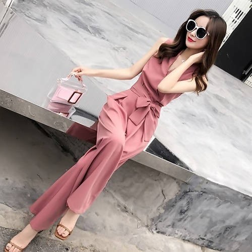 Áo liền quần ống rộng jumpsuit nữ cổ chữ V phong cách Hàn Quốc thời trang mùa hè 2021