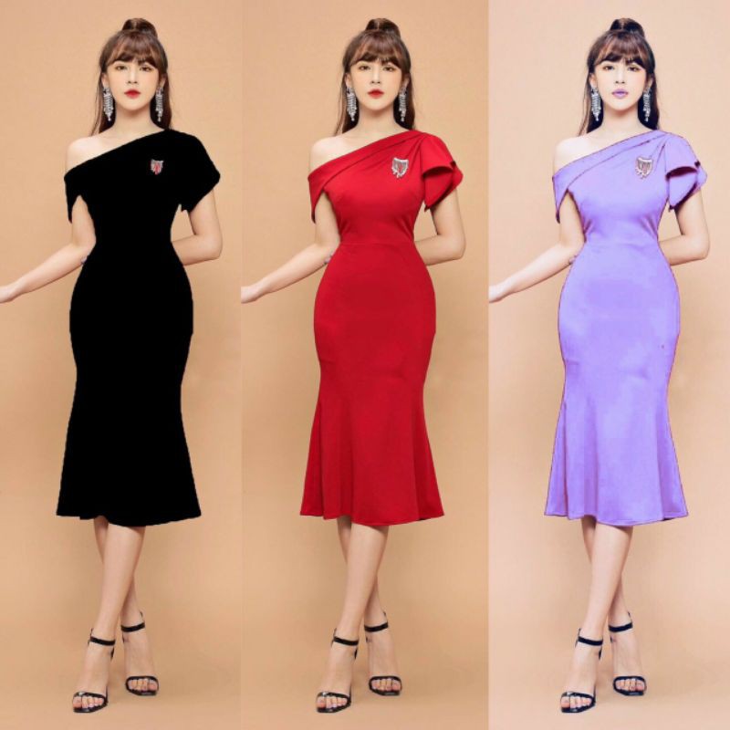 Đầm body lệch vai đuôi cá ko kèm tag (đầm dự tiệc cao cấp) tặng hoa tai
