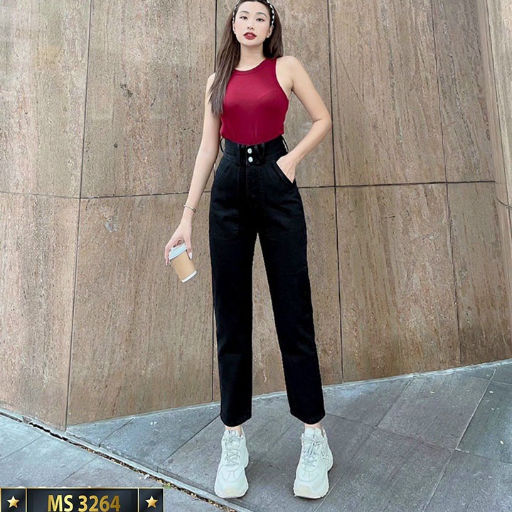 Quần baggy jean lưng cao ống suông chất cotton dày mềm không co giãn MS550