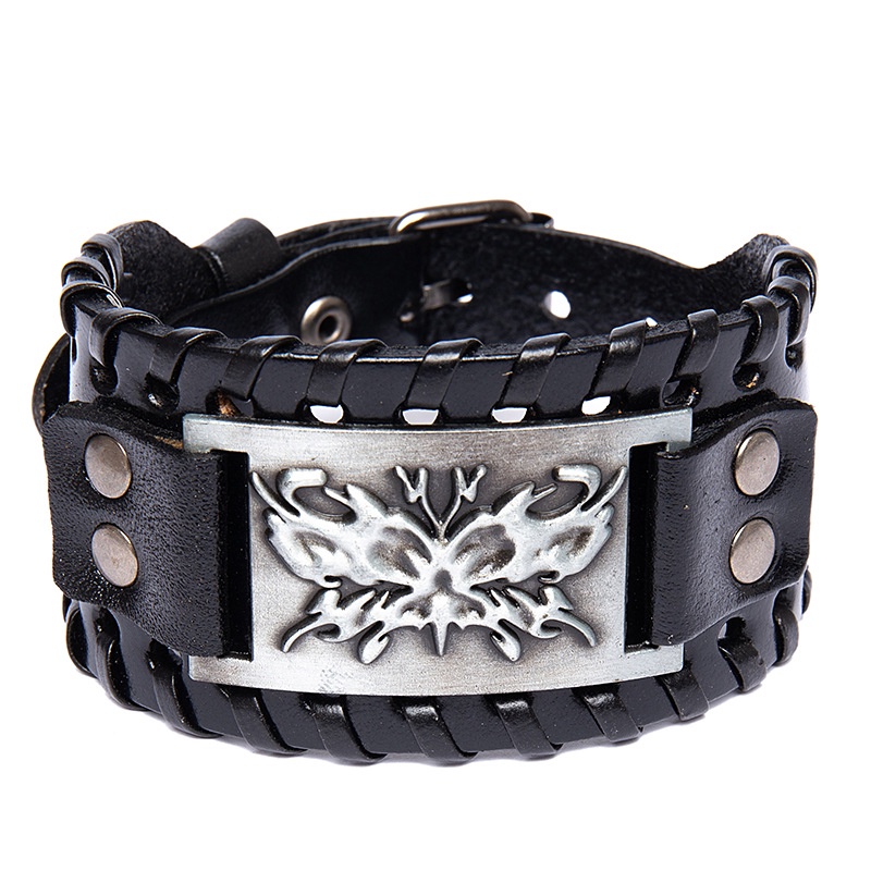 Vòng Tay Dây Da Mặt Hình Đầu Lâu Phong Cách Viking Cho Nam
